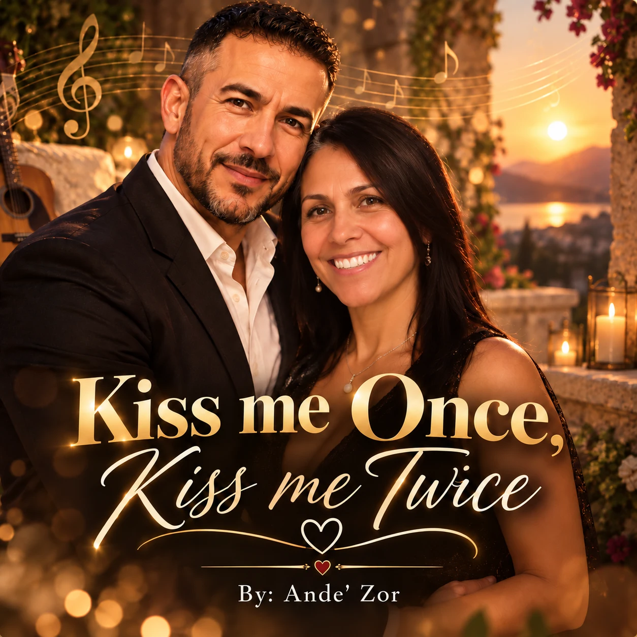 Kiss Me Once, Kiss Me Twice cover art showing a couple surrounded by golden sunset colors